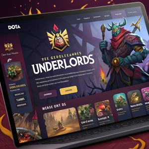 Website screenshot showcasing Dota Underlords Season One promotion. Vibrant color scheme, detailed game elements, navigation menu, captivating design吸引玩家的美学。