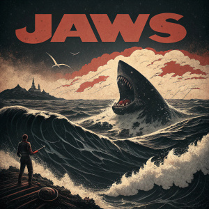 A vintage movie poster for 'Jaws'. Dark ocean waves, and a massive shark fin. Bold, retro fonts. Dramatic, ominous imagery with striking contrasts of black and red