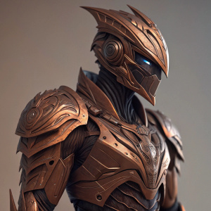 Close-up of a custom futuristic armor, featuring Satria Garuda Bima-X design. Brown with intricate organic and mechanical elements, detailed textures. Play of light and shadow. Neutral background