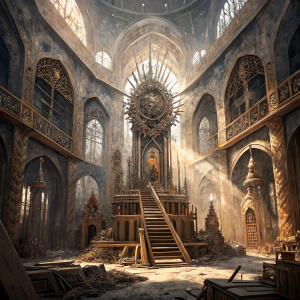 Digital rendering of Game of Thrones throne room concept art. Intricate design featuring interconnected architectural elements, ladders, and detailed structures. Chaotic yet organized aesthetic.