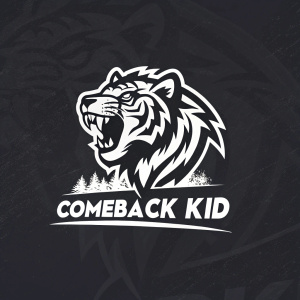Design concept for 'Comeback Kid'. Logo featuring fierce black and white tiger silhouette. Bold, aggressive lines with determined expression. Below graphic, 'Comeback Kid' in edgy font. White text on dark background for high contrast.