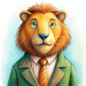 a cunny lion dressed in a coat and tie in the style of 'fantastic mr fox' cartoon, full shot