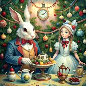 Alice in Wonderland and the White Rabbit partake in a festive Christmas tea party, watercolor illustration, childlike simplicity, featuring sharp focus, Alice seated at a lavishly adorned table, White Rabbit adjusting his pocket watch, artstation trending style, Greg Rutkowski signature, studio photo ambiance, intricate festive decorations, highly detailed, sharp focus.