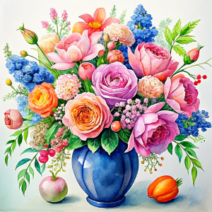 Watercolor image ,orange gypsophila rose pink daffodil ,pale roses pink Damarions,pink Ranunculus viburnum ,rose pink wax flower ,ruby pink dandelion ,calla , pink geranium,green Bougainvillea , a cobalt blue huge ENGLISH traditional decorated WITH FLOWERs Vase with green SNAKE ornaments ,on a white wall, watercolor