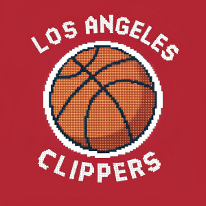 Pixel art logo of the Los Angeles Clippers featuring an 8-bit basketball and team name in retro style. Set against a solid, vibrant red background.