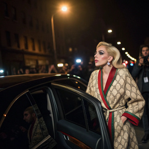 Lady Gaga in a Gucci robe, stepping out of a car at night. Dark street with blurred onlookers