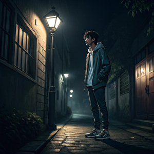 Yugi Muto, a spirited young man, in a casual outfit. Standing in a dimly lit alley. The only illumination comes from a flickering street lamp casting eerie shadows.