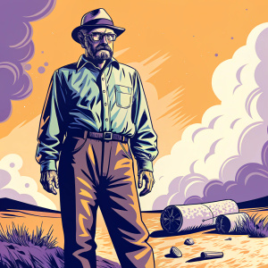 Retro pixel art illustration. Walter White, Breaking Bad character, green shirt, brown pants. Earth-toned ground, scattered objects. Muted color palette with blue accents
