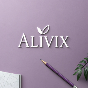 Logo design for Alivix. Bold, sleek serif font on a soft lavender background. Smaller supporting text in white, modern branding aesthetic.