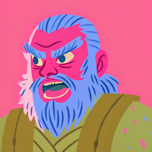 Digital art of Wun Wun from Game of Thrones. Close-up view of angry face. High texture and detail on skin and beard. Muted gray background