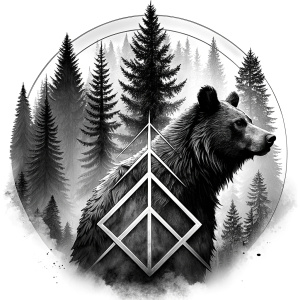 vegvisir runes geometric symbol - bear and trees - tattoo design - perfect realistic art - high-definition - grey and black - white background 