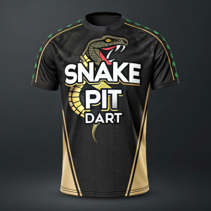 Digital illustration of Snake Pit Dart Jersey design. Prominent snake graphic on black background. Brand name highlighted.