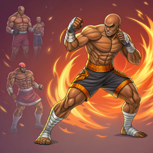 Sagat, the muscular warrior, in various combat poses, against a fiery background. Game branding elements and vibrant colors emphasize his strength and fighting style.