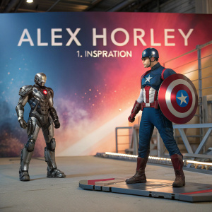A creative digital art workspace featuring Captain America in a heroic stance on one side and a sleek, robotic figure on the other. The scene is set against a vivid backdrop with inspirational text 'Alex Horley - 1. Inspiration'