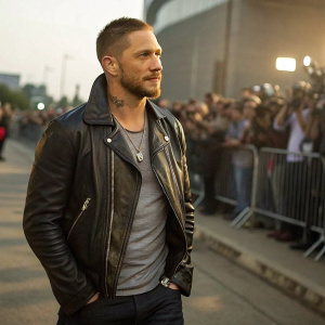 Tom Hardy, sporting a rugged look with a short haircut and stubble. Wearing a black leather jacket over a casual t-shirt. Standing outdoors, surrounded by fans and paparazzi