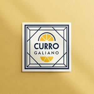 Minimalist logo for Curro Galiano. Geometric square icon with central circular element. Modern sans-serif font. Yellow and dark contrasting color scheme. Focus on brand name and photography.