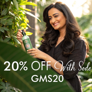 Shweta Tiwari, endorsing organic hair care products. Image of Shweta with lush green background, natural light. '20% off with code GMS20'