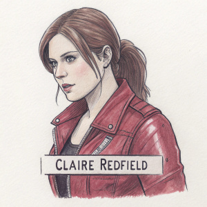 Fan art of Claire Redfield from Resident Evil. She wears a red leather jacket and has a determined look in her eyes. Sketch style drawing with her name 'CLAIRE REDFIELD' below