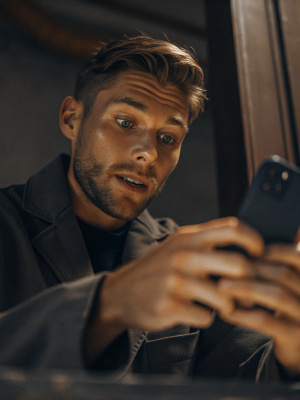 beauty young man looking at smartphone