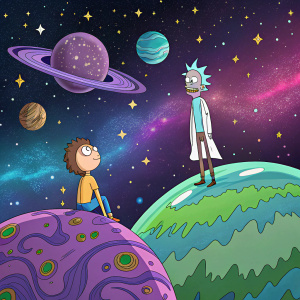 Rick Sanchez and Morty Smith, characters from the animated series 'Rick and Morty', standing on a colorful, surreal planet. Cosmic sky filled with stars and galaxies. Bright and vibrant colors, including purple, blue, green, and more.