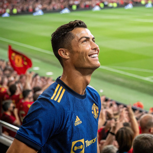 Cristiano Ronaldo, wearing a blue Manchester United jersey, poses with a smile. The background is a vibrant soccer field with fans cheering.