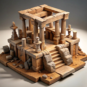3D Render of a Wood Ancient Ruins Diorama with Crumbling Architecture, Temple, and Treasure, on isolated white background