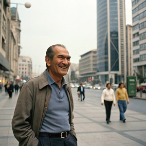 Mustafa Kemal Atatürk in a casual setting, smiling warmly. Background: A bustling city street with modern architecture.