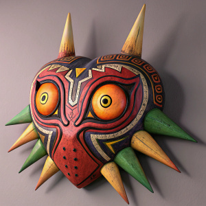 A replica of Majora's Mask from The Legend of Zelda: Majora's Mask. The mask has large, wide-open eyes and an ornate design with vibrant colors including orange, red, green, and yellow.