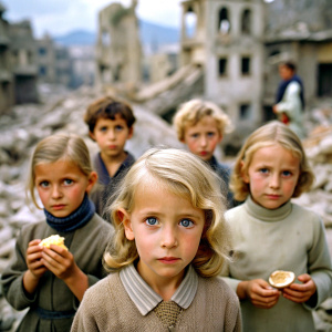 spanish caucasian blonde children with sad face in a city destroyed by war searching for food in the rubble