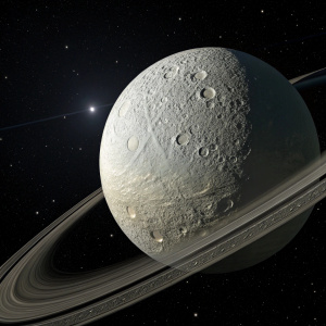 Photorealistic image of Tethys, Saturn's moon. Icy surface, large crater named Odysseus, floating in dark space with distant stars