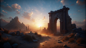 Small medieval encampment big wooden gate ruins desert beach empty abandoned sunrise painting path inland
