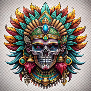 cute with sunglasses mictecacihuatl aztec god of death colorful tattoo style , highly detailed human skull as face with feather headdress, transparent, white background