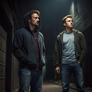 Tony Stark and Steve Rogers standing in a dark alleyway. Dark, gritty background. Both are wearing casual clothes.