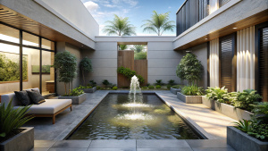 Modern Courtyards: Original Design Ideas for Your Private House, Install a water feature: Incorporate a small pond, fountain, or cascading water feature to create a tranquil atmosphere in your courtyard. The sound of flowing water adds a soothing element to the overall design.