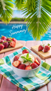  sepiring escream loli berwarna merah muda dan warna pink dengan lingkaran, dikelilingi stroberi segar dan serbet warna-warni,diatas meja dipinngir kolam renang dibawah pohon palm,dengan tekspaling dekat''happy summer''