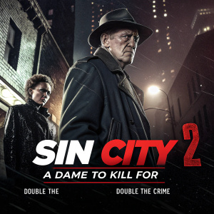 Cover Art for Sin City 2: A Dame to Kill For. Features Frank Miller and other characters in a dark, gritty, noir-inspired setting. Title and tagline 'Double the Sin, Double the Crime' prominently displayed.