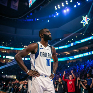 Tim Hardaway Jr. at the NBA All-Star Game. He's wearing the Dallas Mavericks jersey. The background features cheering fans and the illuminated arena