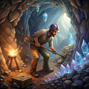 The guy in the cave is mining a crystal with a pickaxe