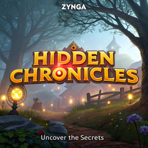 A promotional banner for Hidden Chronicles game by Zynga featuring vibrant graphics and text.