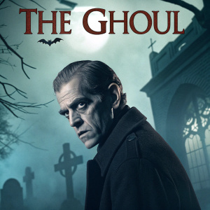 Poster for 'The Ghoul'. Boris Karloff in a dimly lit setting, surrounded by eerie shadows. Gothic architecture and haunting symbols in background.