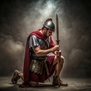 soldado romano  rendiendo con espada de rodilla