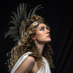Eris, Greek goddess of discord, with fierce expression, voluminous curls, and ornate feathered headdress. Posed against stark black backdrop.