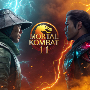 Promotional art for Mortal Kombat 11. A digital illustration with vibrant colors. Intense background featuring supernatural elements and lightning. Characters from the game positioned around the emblematic logo.