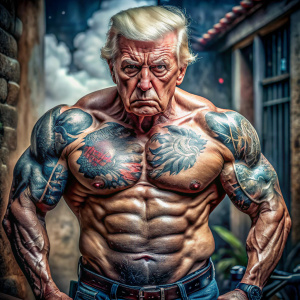donald trump shirtless wearing jeans working out with tattoos