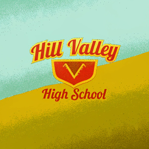 Stylized logo for Hill Valley High School featuring bold, retro fonts and vibrant colors.