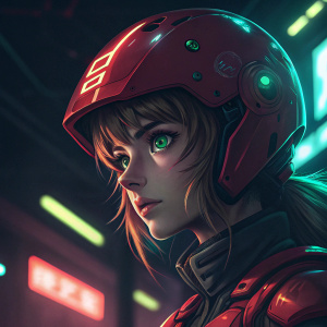 Digital art of Asuka Langley Soryu from Neon Genesis Evangelion. She has a close-up view of her face, with a red helmet and green eyes. Background is dark with neon lights