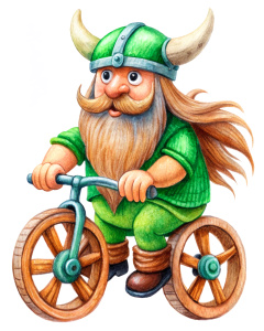 viking dwarf, white background, green accessories, riding a wooden bike