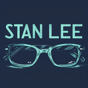 Stan Lee quote in white font on dark blue background. Spectacles illustration on the right side.
