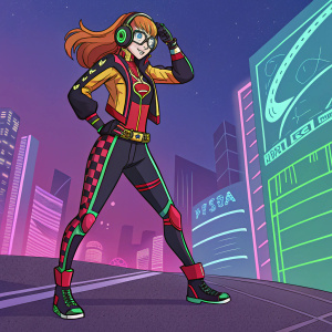 Digital illustration of Futaba from Persona 5 Royal. Futuristic outfit, vibrant colors, dynamic pose