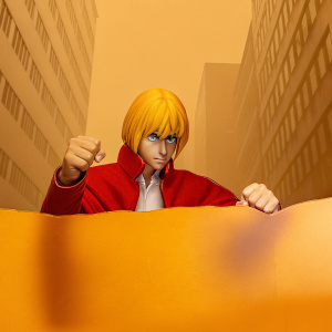 Armin Arlert from Attack on Titan, blonde hair, determined expression. Dark urban alleyway backdrop.
